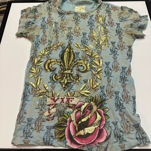 Christian Audigier men’s Tee - Blue with Gold and Pink Design